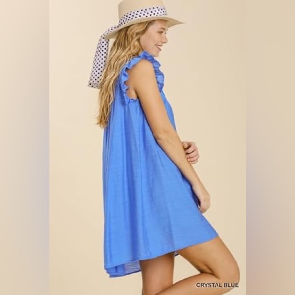 Umgee Blue Babydoll Dress Smocked Ruffle Sleeve Cottagecore M - Picture 3 of 11